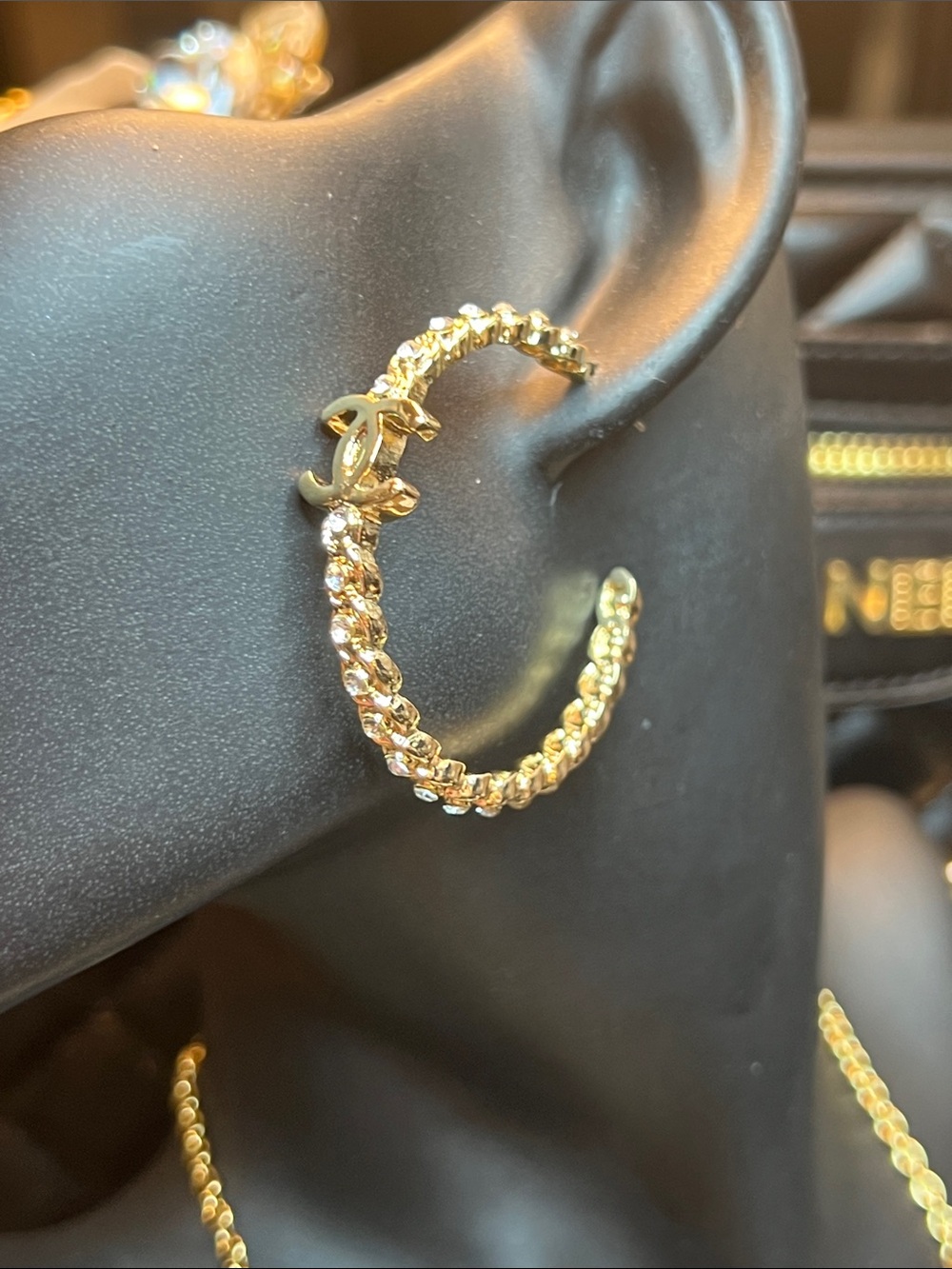 Gold Crystal Hoop Earrings with Interlocking C Motif - Picture 3 of 7